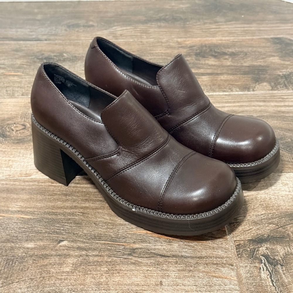 Prima Royale Y2K Women Pucker Leather Chunky Block Heel Loafers, Brown, 10M